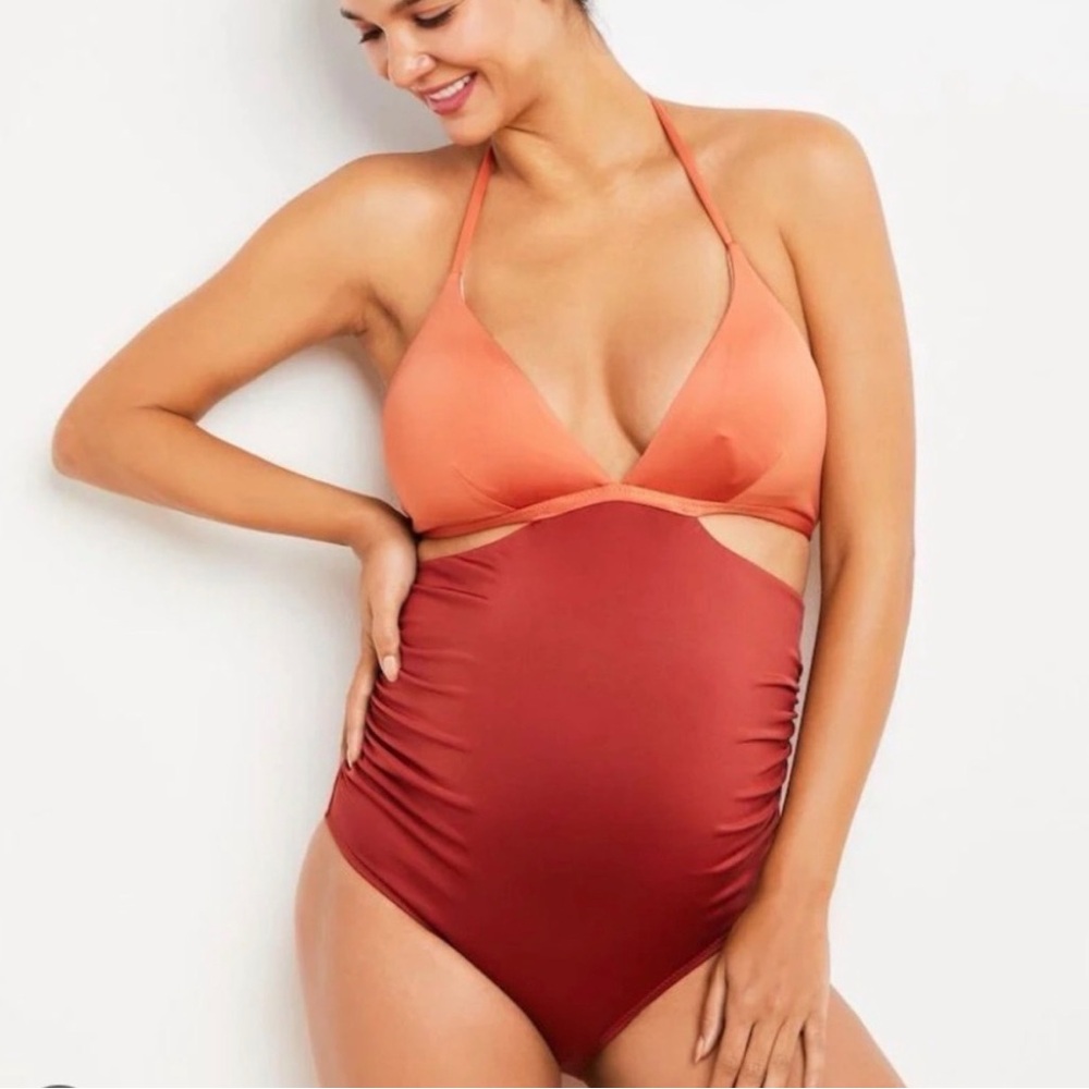 A Pea in the Pod Two-Tone Maternity One-Piece Swimsuit - Coral & Rust